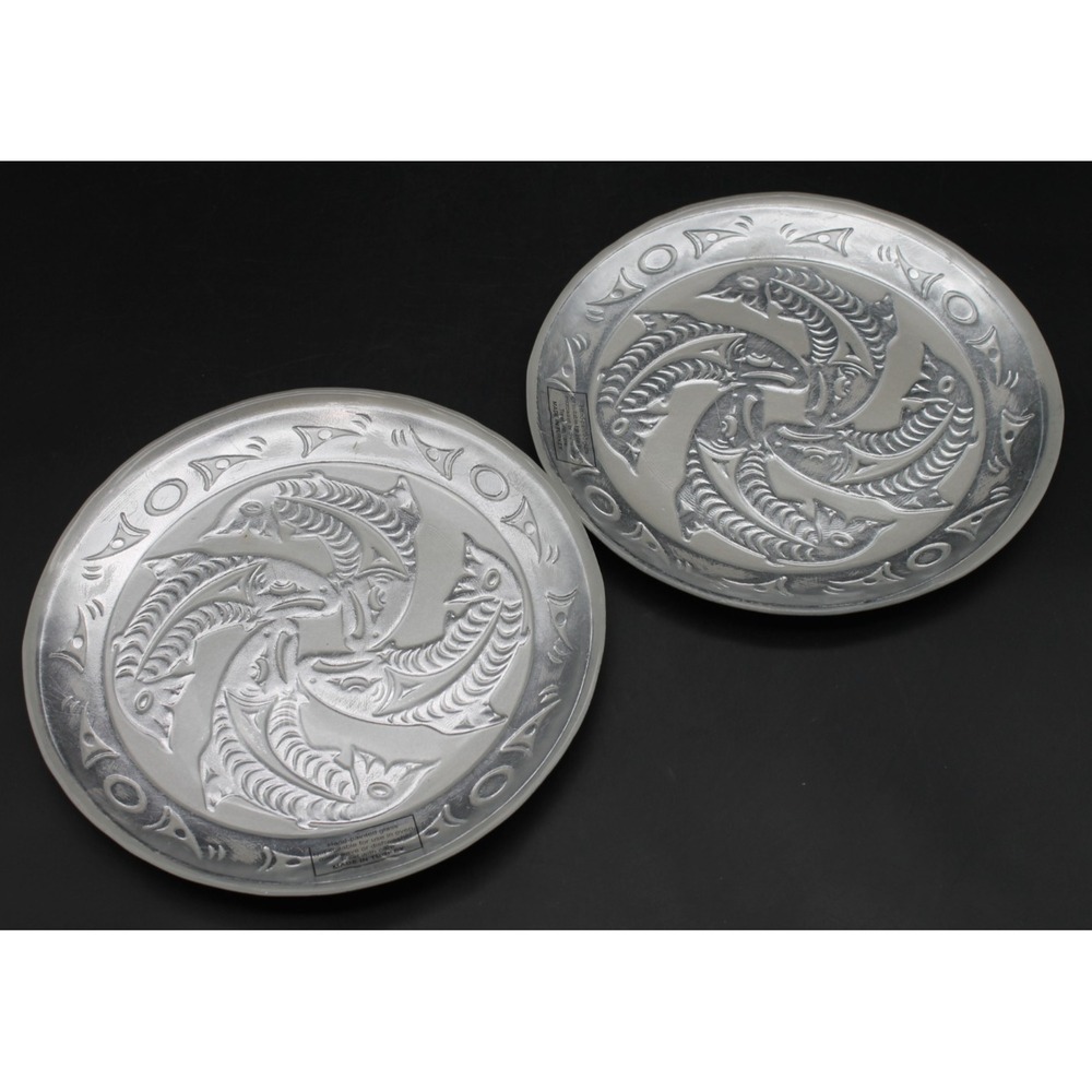 Set of 2 Hand Painted Turkish Art Glass Fish Plates Silver Frosted Coastal 8.5”